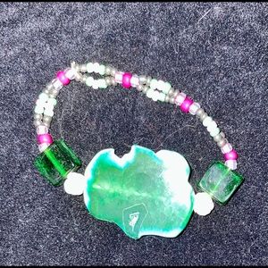 3/35 or $25 Hand Beaded Malachite & Glass Statement Bracelet